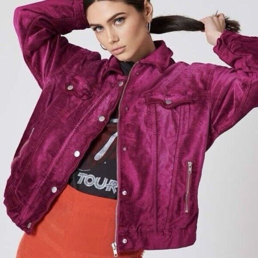Free People Velvet Trucker Jacket‎ Women’s XS S Fuchsia Utility Oversized